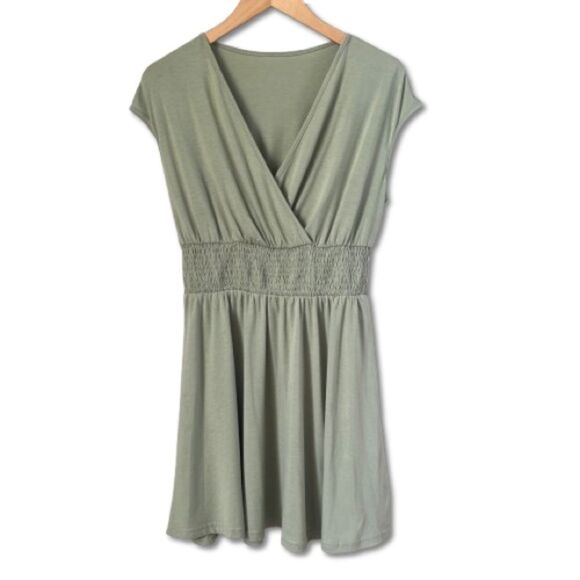 Cupshe Surplice Smocked Waist Mini Dress Olive Green Boho Dress - Picture 3 of 11